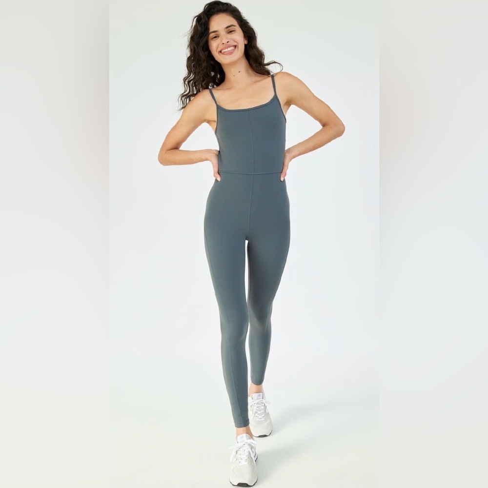Wilfred Free Aritzia, Slate Blue Fitted Spaghetti-Strap Jumpsuit, Size Medium